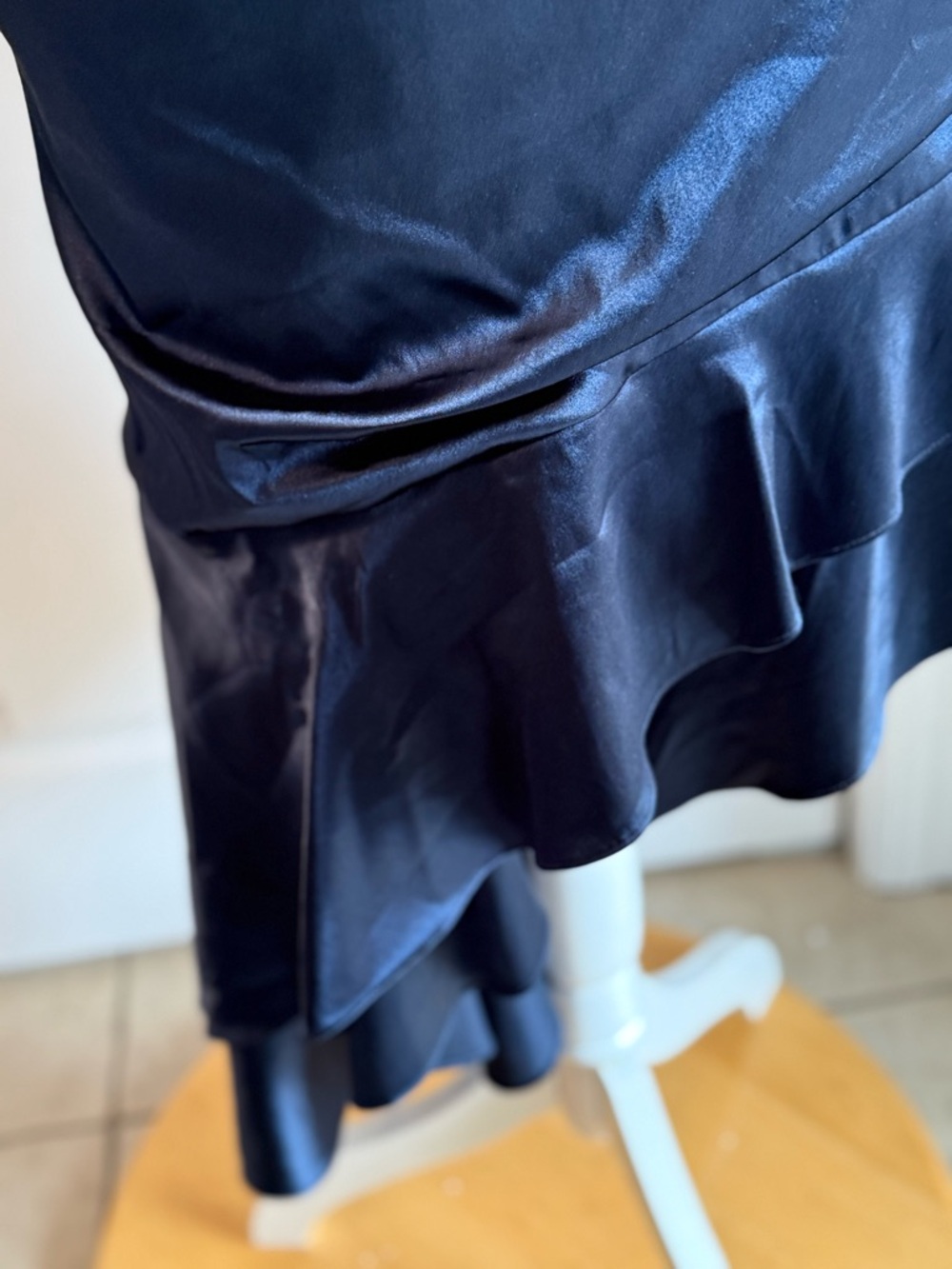 Morgan & Co. Navy Satin Halter Asymmetrical Ruffle Dress - Picture 13 of 14